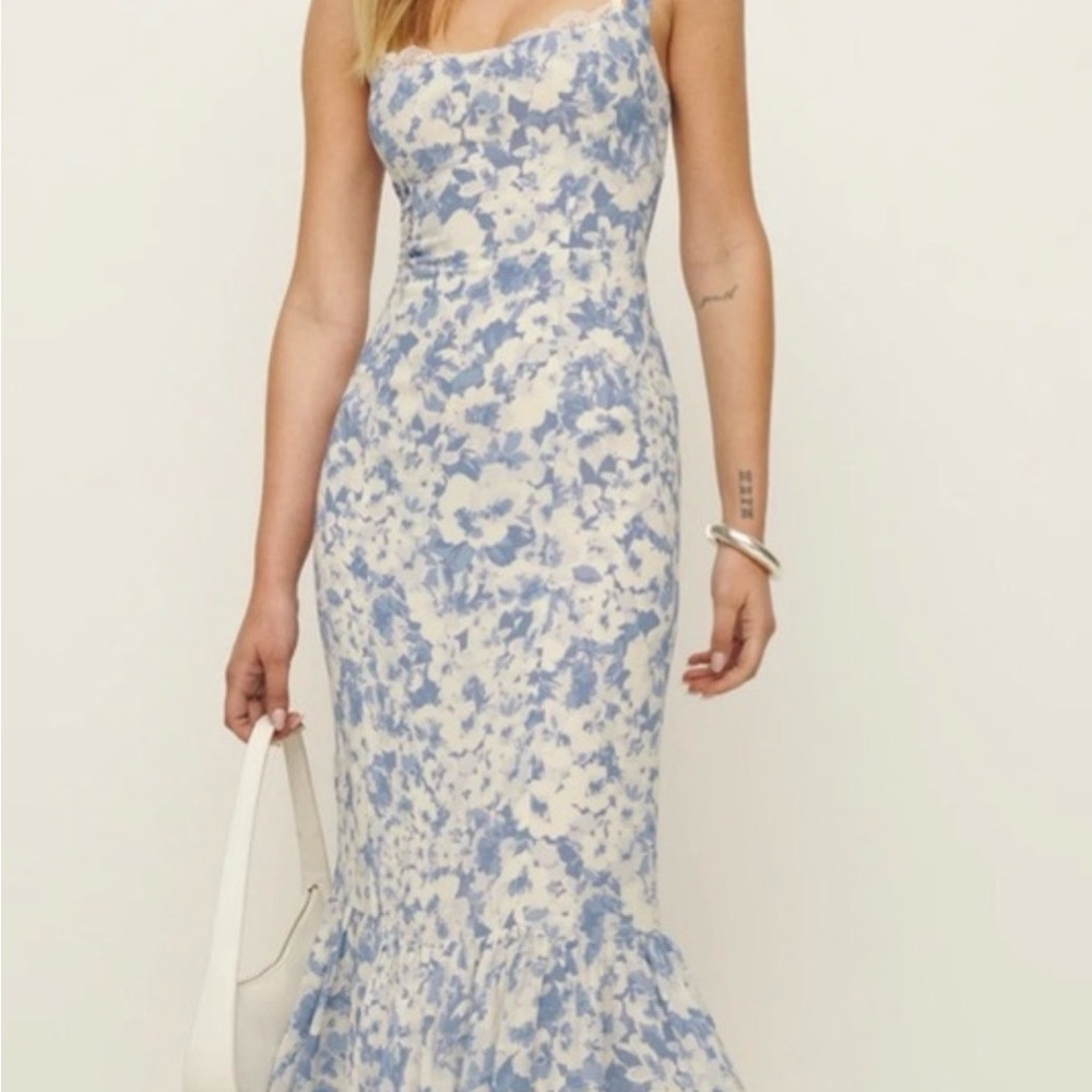 Reformation One Shoulder Blue and White Dress